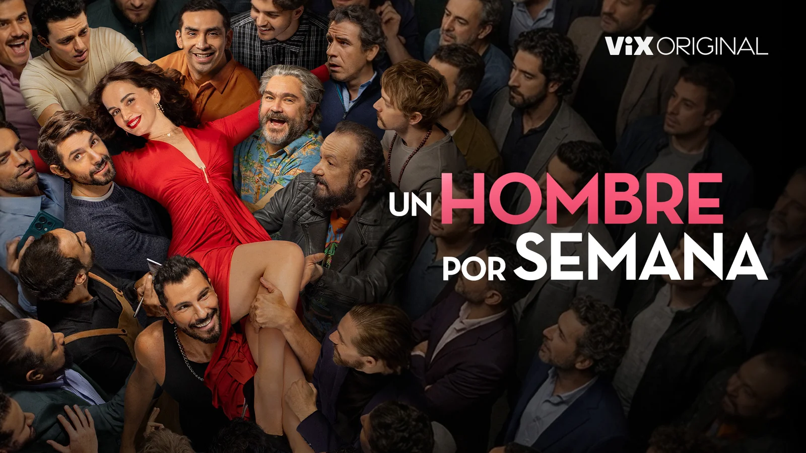 Cartel de Un hombre por semana, con el elenco y el logotipo de ViX.