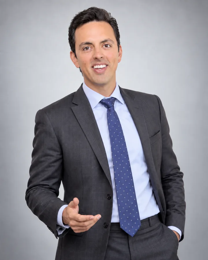 José Ramones como el abogado, con traje oscuro, camisa blanca y corbata azul
