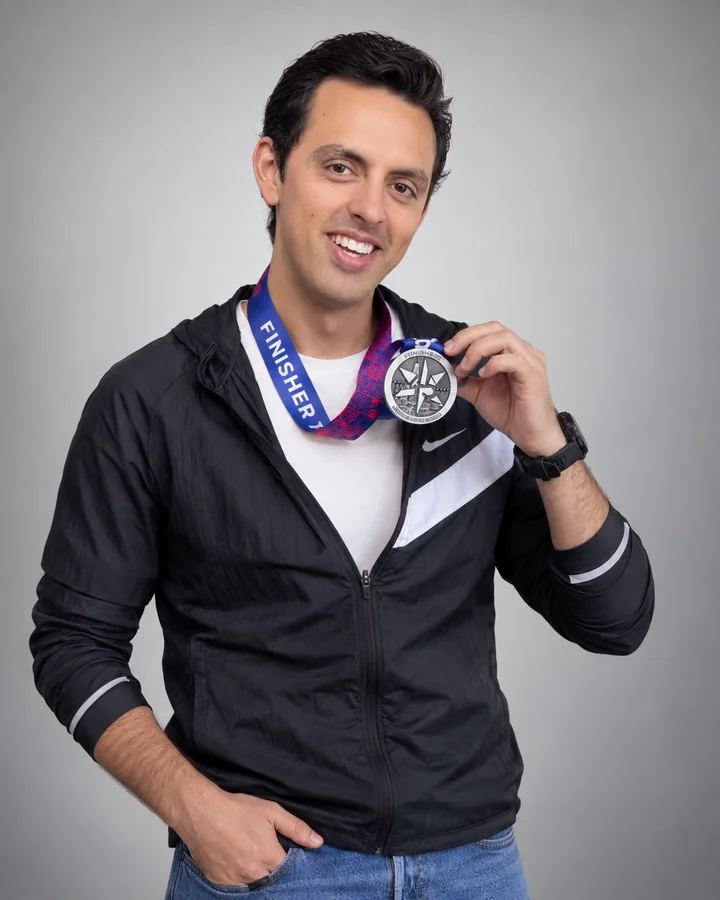 José Ramones como el atleta, mostrando una medalla con chaqueta deportiva negra