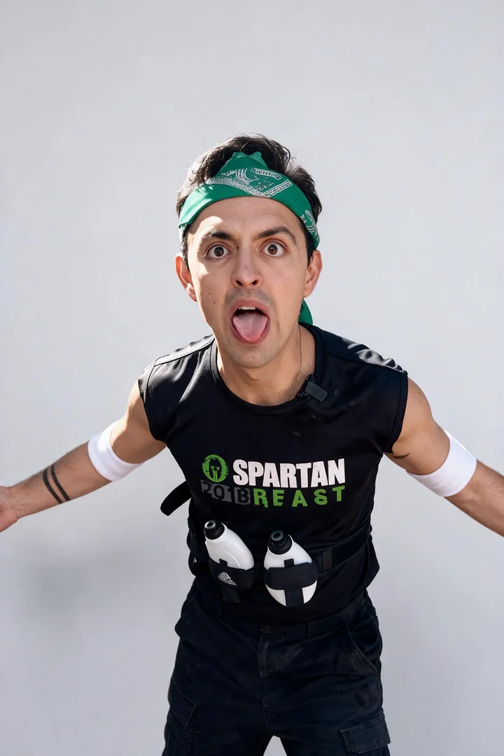 José Ramones como el crossfitero, con camiseta negra, banda verde y brazos abiertos