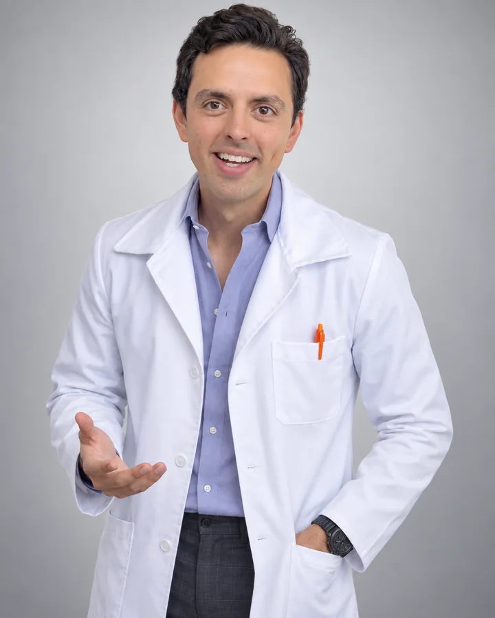 José Ramones como el doctor, con bata blanca y la mano extendida