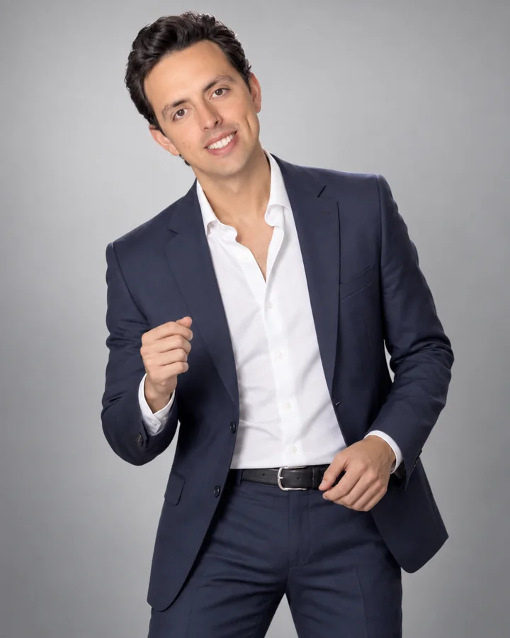 José Ramones como fan de Luis Miguel, con traje azul y pose de cantante