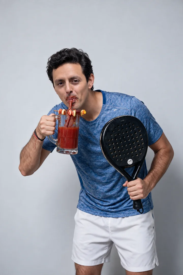 José Ramones como jugador de pádel, con pala negra, camiseta azul y una bebida