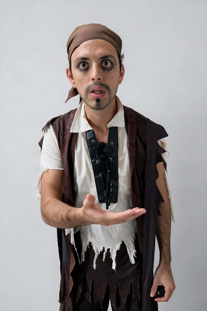 José Ramones disfrazado de pirata, con pañuelo en la cabeza y chaleco