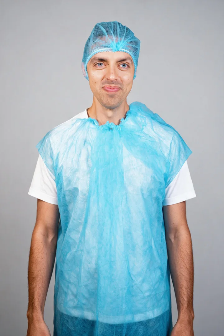 José Ramones como el amigo que se hizo un retoque, con gorro y bata desechables azules